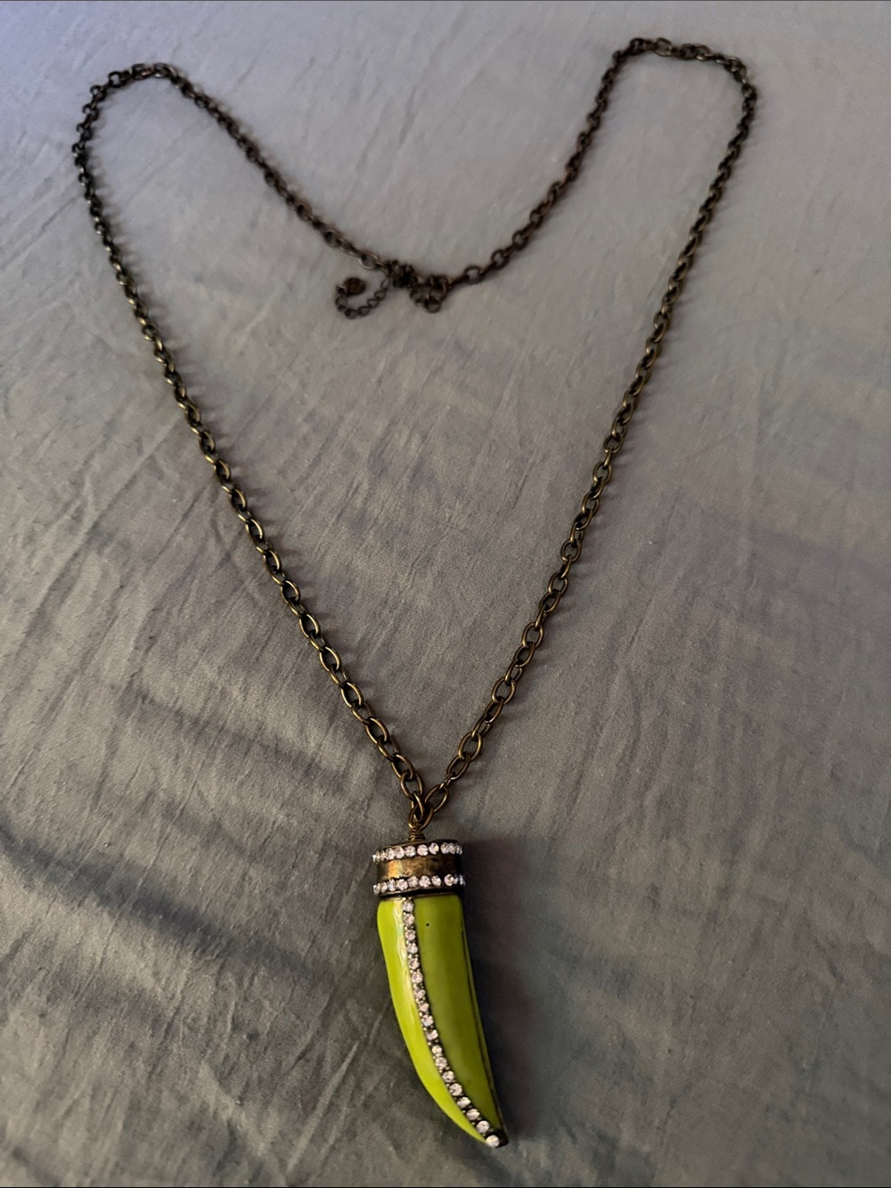 Green Horn long Pendant Necklace with Crystal Accent